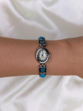 Vintage Silver Tone Bracelet Watch, Faux Turquoise, Dainty Southwestern Jewelry